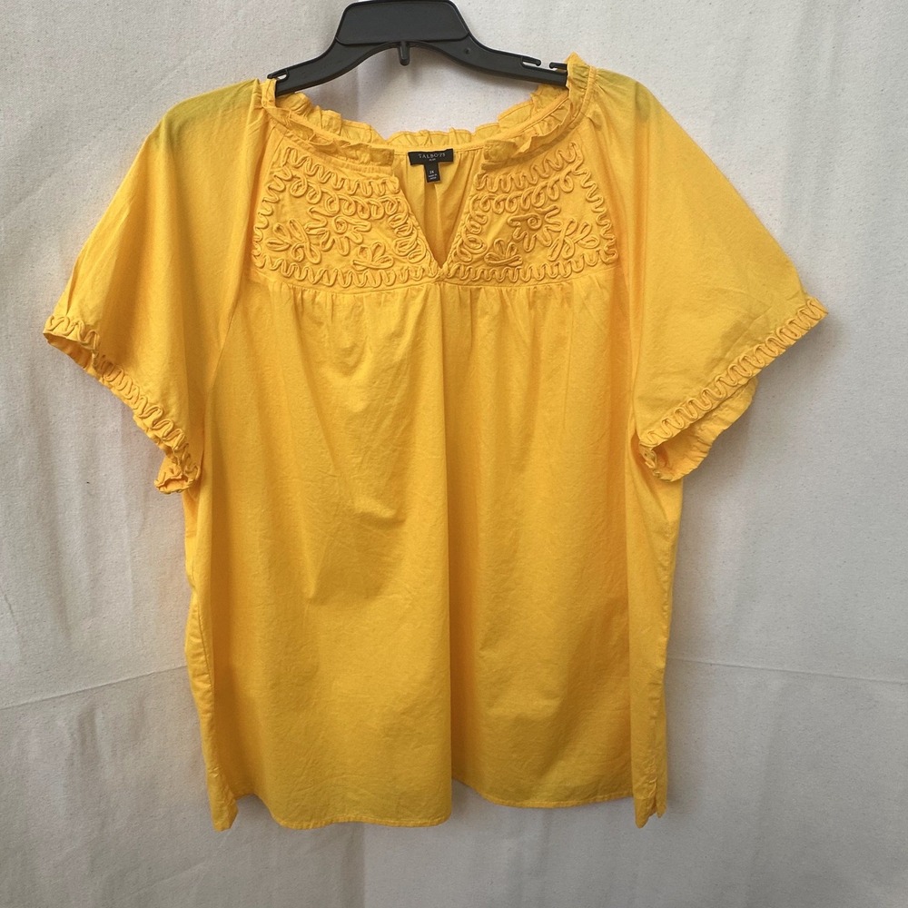 Talbots Plus Cotton Tunic Top 2X Dandelion Yellow Embroidered VNeck Garden Party